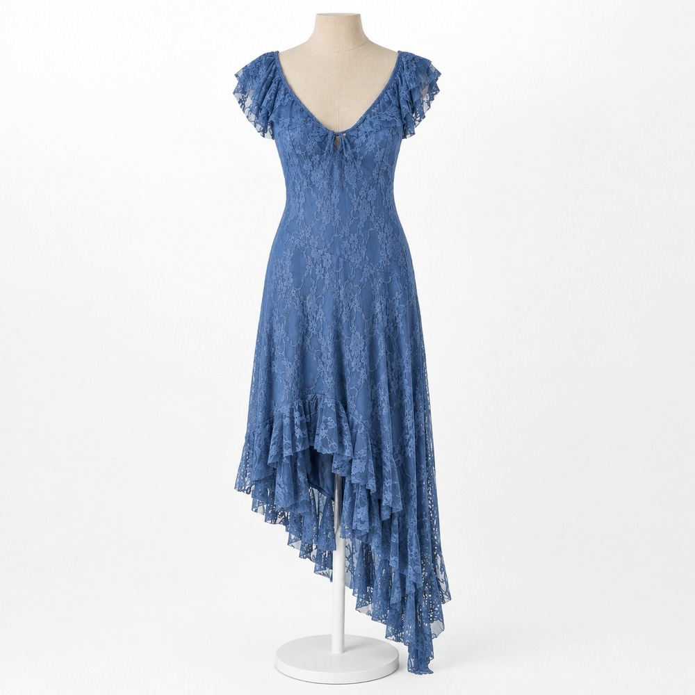 Floral Fairy Lace Asymmetrical Babydoll Maxi Dress Sz L Blue Ruffle Cottagecore